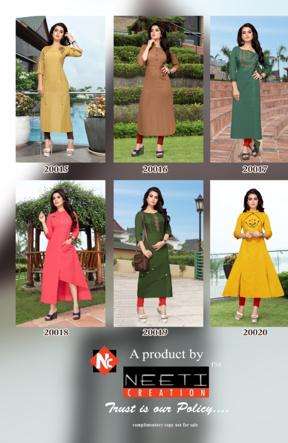 Nazrana By Neeti Creation 20015 To 20020 Series Indian Traditional Wear Collection Beautiful Stylish Fancy Colorful Party Wear & Occasional Wear Cotton Slub With Hand Work Kurtis At Wholesale Price