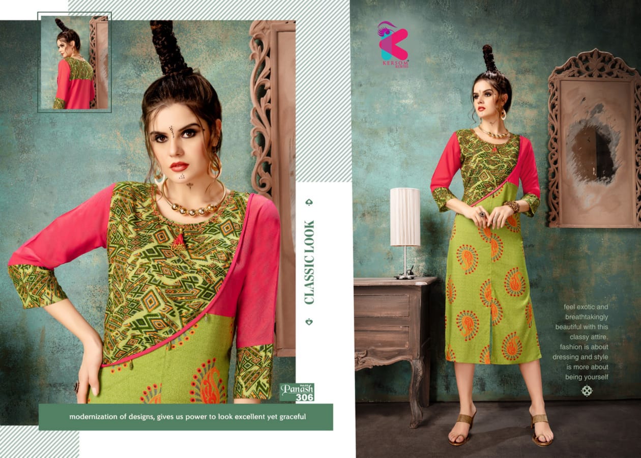 Panash Vol-3 By Kersom 301 To 308 Series Beautiful Colorful Stylish Fancy Casual Wear & Ethnic Wear & Ready To Wear Heavy Rayon Kurtis At Wholesale Price