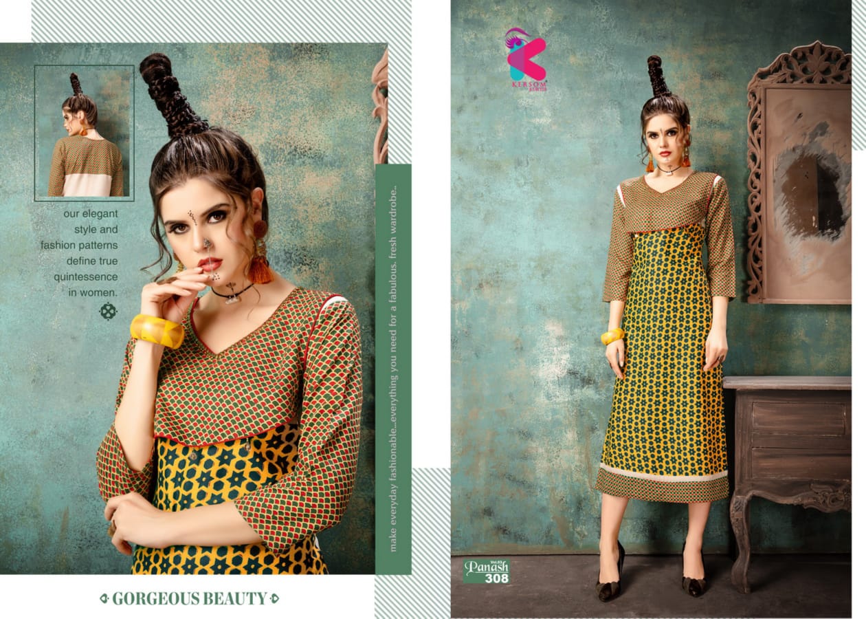 Panash Vol-3 By Kersom 301 To 308 Series Beautiful Colorful Stylish Fancy Casual Wear & Ethnic Wear & Ready To Wear Heavy Rayon Kurtis At Wholesale Price