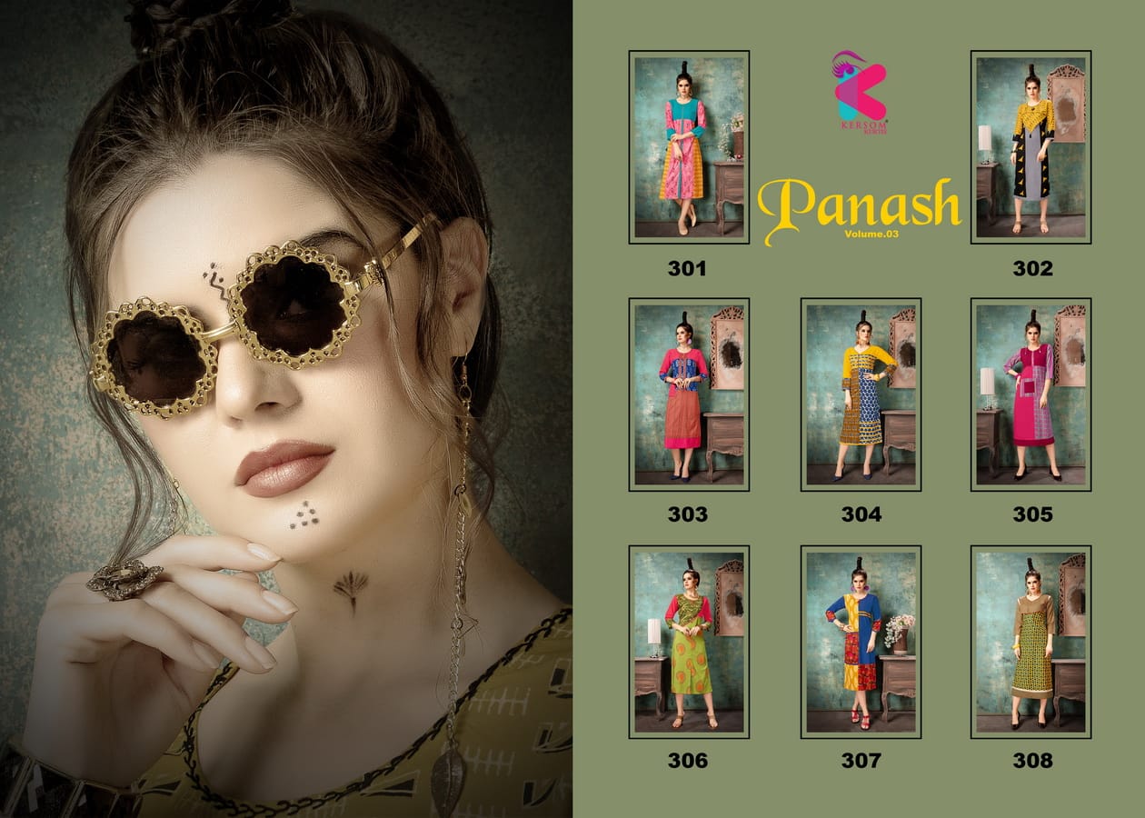 Panash Vol-3 By Kersom 301 To 308 Series Beautiful Colorful Stylish Fancy Casual Wear & Ethnic Wear & Ready To Wear Heavy Rayon Kurtis At Wholesale Price