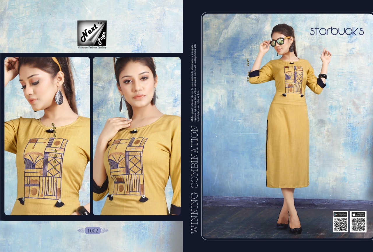 Starbucks By Next Page 1001 To 1010 Series Beautiful Colorful Stylish Fancy Casual Fabric.heavy Riyon And Plain Riyon With Manual Work Kurtis At Wholesale Price