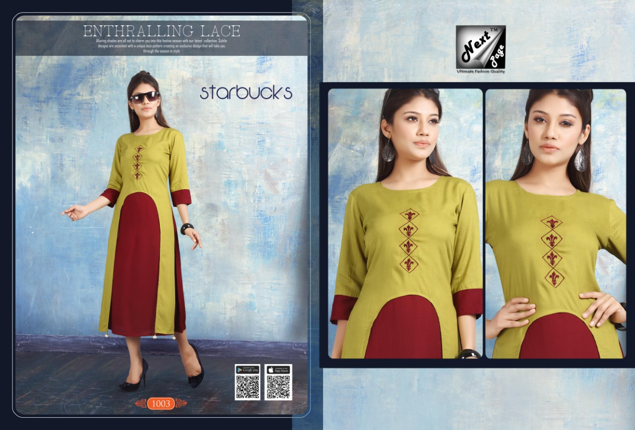 Starbucks By Next Page 1001 To 1010 Series Beautiful Colorful Stylish Fancy Casual Fabric.heavy Riyon And Plain Riyon With Manual Work Kurtis At Wholesale Price