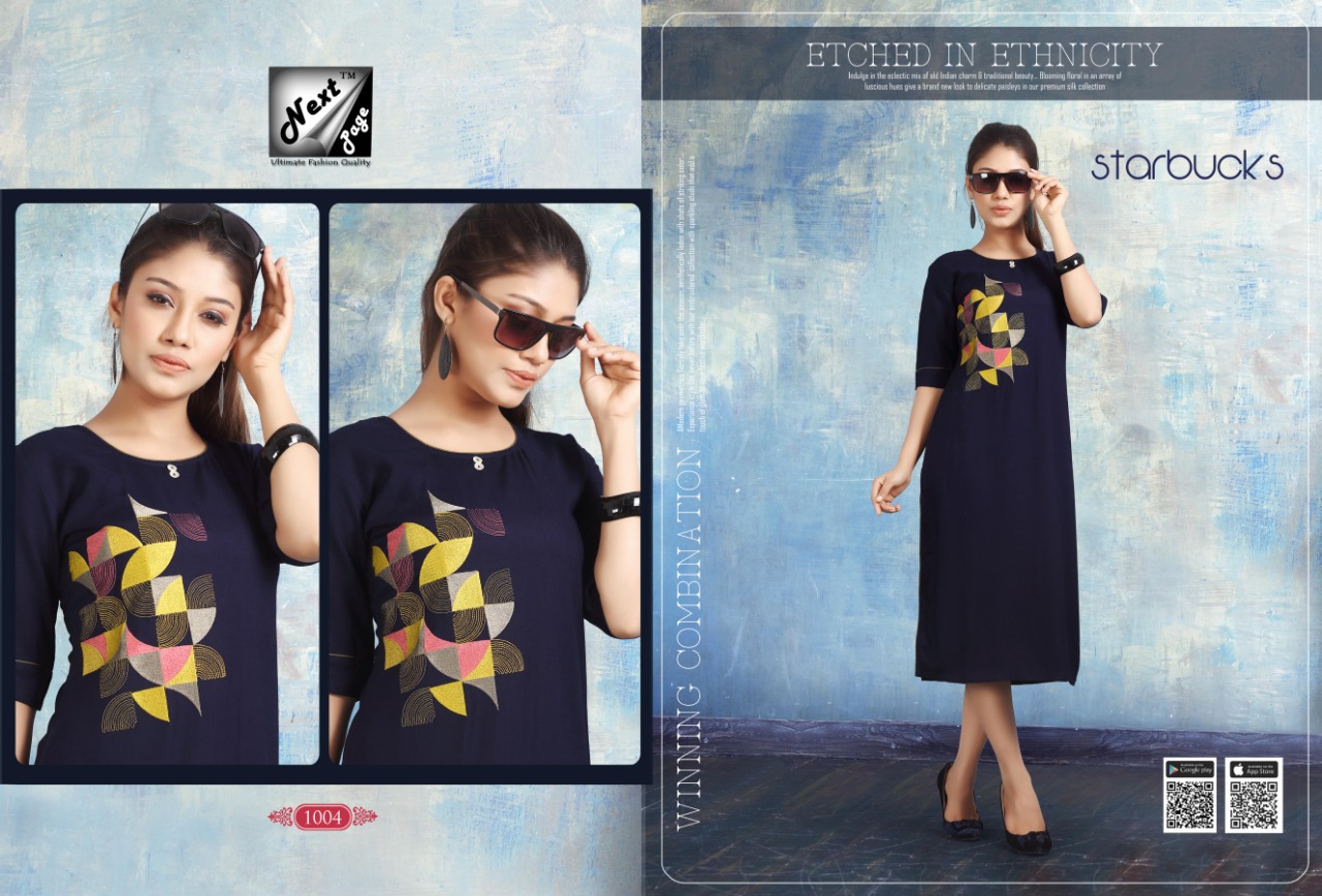 Starbucks By Next Page 1001 To 1010 Series Beautiful Colorful Stylish Fancy Casual Fabric.heavy Riyon And Plain Riyon With Manual Work Kurtis At Wholesale Price