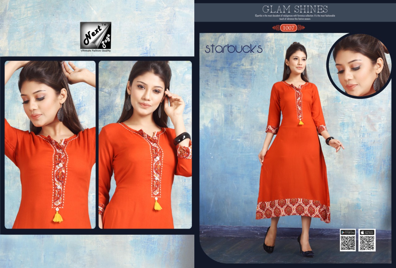 Starbucks By Next Page 1001 To 1010 Series Beautiful Colorful Stylish Fancy Casual Fabric.heavy Riyon And Plain Riyon With Manual Work Kurtis At Wholesale Price