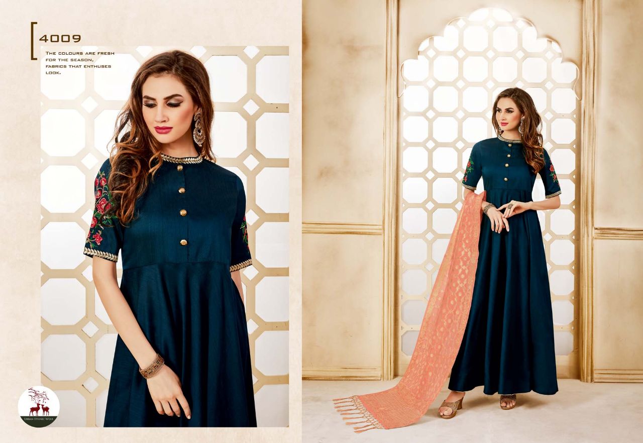 Swarna By Mrigya 4007 To 4012 Series Beautiful Stylish Fancy Colorful Party Wear & Ethnic Wear Handloom Fabric Long Slub Embroidered Kurtis And Banarasi Jacquard Dupatta With Lace At Wholesale Price