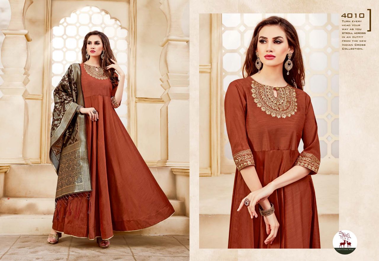 Swarna By Mrigya 4007 To 4012 Series Beautiful Stylish Fancy Colorful Party Wear & Ethnic Wear Handloom Fabric Long Slub Embroidered Kurtis And Banarasi Jacquard Dupatta With Lace At Wholesale Price