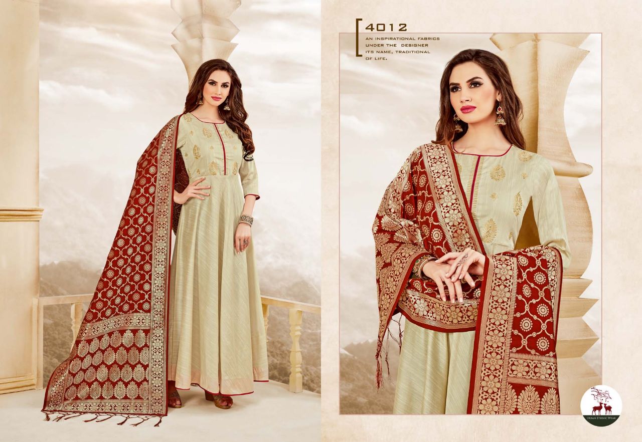 Swarna By Mrigya 4007 To 4012 Series Beautiful Stylish Fancy Colorful Party Wear & Ethnic Wear Handloom Fabric Long Slub Embroidered Kurtis And Banarasi Jacquard Dupatta With Lace At Wholesale Price