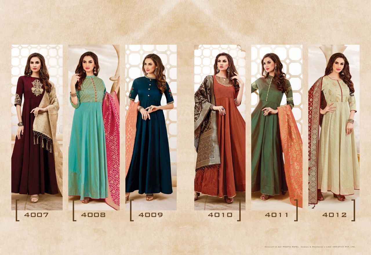 Swarna By Mrigya 4007 To 4012 Series Beautiful Stylish Fancy Colorful Party Wear & Ethnic Wear Handloom Fabric Long Slub Embroidered Kurtis And Banarasi Jacquard Dupatta With Lace At Wholesale Price