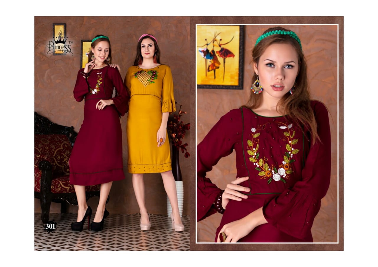 Aahana Look By Princess 301 To 312 Series Beautiful Colorful Stylish Fancy Casual Wear & Ethnic Wear & Ready To Wear Heavy Rayon Embroidery Kurtis At Wholesale Price