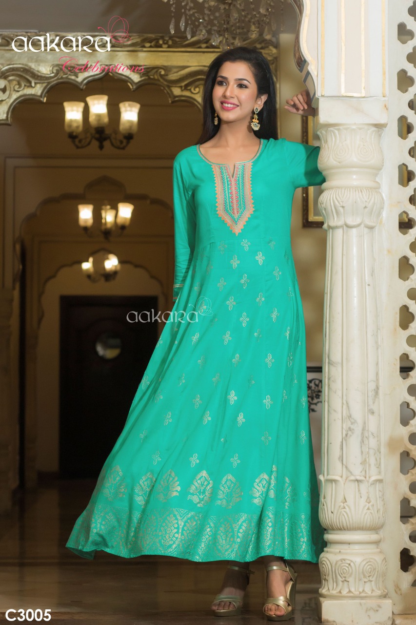 Aakara Celebration Vol-3 By Aakara 3001 To 3006 Series Beautiful Colorful Stylish Fancy Party Wear & Ethnic Wear & Ready To Wear Mill Dyed Rayon Gowns At Wholesale Price