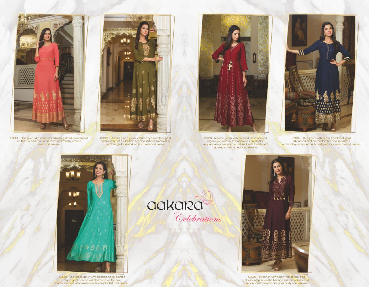 Aakara Celebration Vol-3 By Aakara 3001 To 3006 Series Beautiful Colorful Stylish Fancy Party Wear & Ethnic Wear & Ready To Wear Mill Dyed Rayon Gowns At Wholesale Price