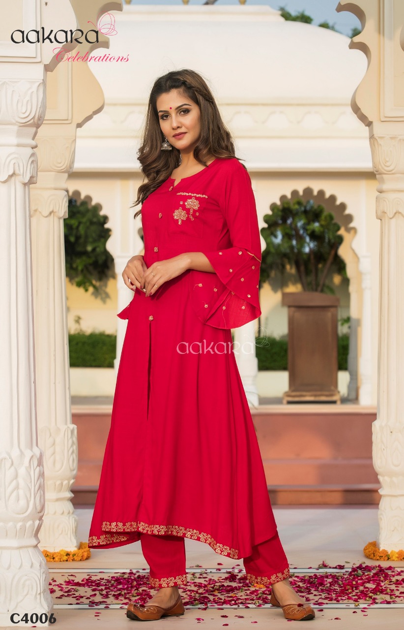 Aakara Celebration Vol-4 By Aakara 4001 To 4006 Series Beautiful Stylish Fancy Colorful Casual Wear & Ethnic Wear & Ready To Wear Heavy Rayon Sequence Embroidery Kurtis At Wholesale Price