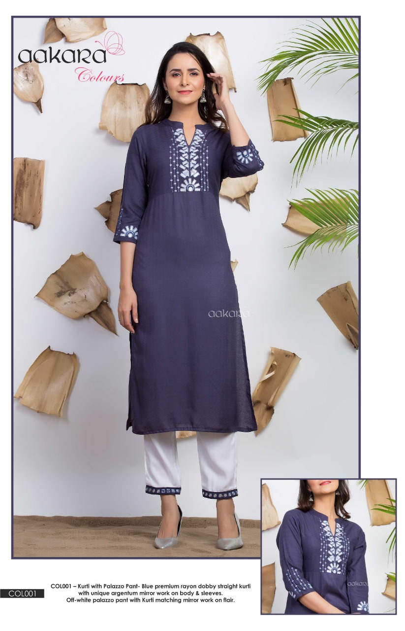 Aakra Colours By Aakra 001 To 006 Series Beautiful Colorful Stylish Fancy Casual Wear & Ethnic Wear & Ready To Wear Dyed Rayon Dobby Kurtis & Palazzo At Wholesale Price