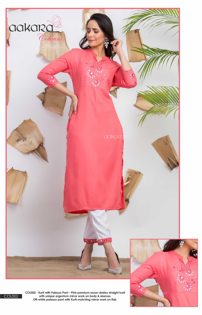 Aakra Colours By Aakra 001 To 006 Series Beautiful Colorful Stylish Fancy Casual Wear & Ethnic Wear & Ready To Wear Dyed Rayon Dobby Kurtis & Palazzo At Wholesale Price