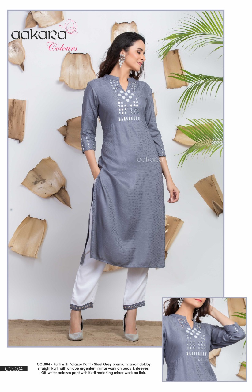 Aakra Colours By Aakra 001 To 006 Series Beautiful Colorful Stylish Fancy Casual Wear & Ethnic Wear & Ready To Wear Dyed Rayon Dobby Kurtis & Palazzo At Wholesale Price