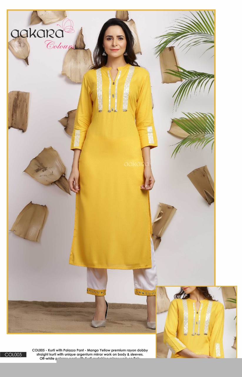 Aakra Colours By Aakra 001 To 006 Series Beautiful Colorful Stylish Fancy Casual Wear & Ethnic Wear & Ready To Wear Dyed Rayon Dobby Kurtis & Palazzo At Wholesale Price