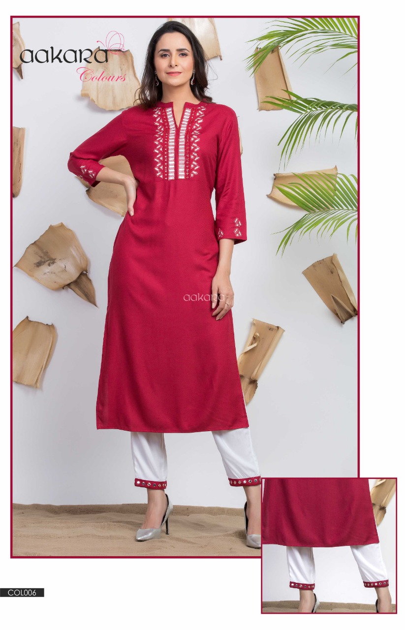 Aakra Colours By Aakra 001 To 006 Series Beautiful Colorful Stylish Fancy Casual Wear & Ethnic Wear & Ready To Wear Dyed Rayon Dobby Kurtis & Palazzo At Wholesale Price