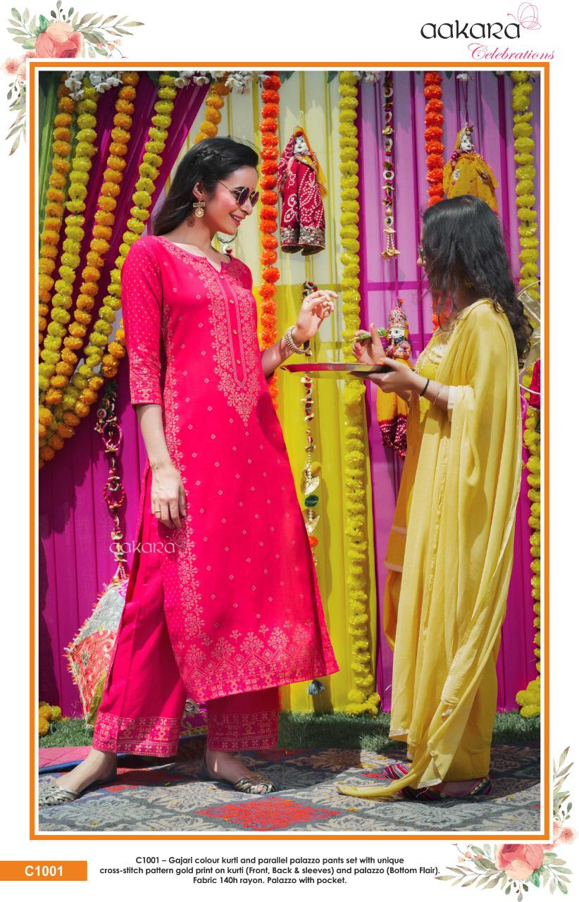 Aakra Celebration By Aakra C1001 To C1006 Series Beautiful Colorful Stylish Fancy Casual Wear & Ethnic Wear & Ready To Wear Rayon Print And Parallel Palazzo Set Kurtis & Palazzo At Wholesale Price