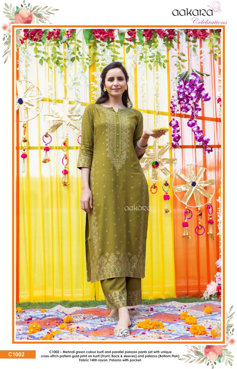 Aakra Celebration By Aakra C1001 To C1006 Series Beautiful Colorful Stylish Fancy Casual Wear & Ethnic Wear & Ready To Wear Rayon Print And Parallel Palazzo Set Kurtis & Palazzo At Wholesale Price