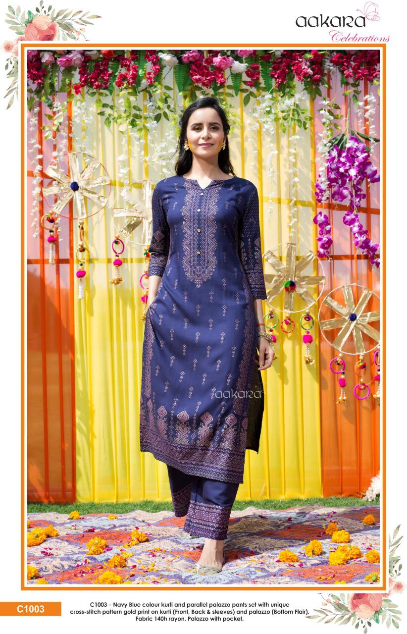 Aakra Celebration By Aakra C1001 To C1006 Series Beautiful Colorful Stylish Fancy Casual Wear & Ethnic Wear & Ready To Wear Rayon Print And Parallel Palazzo Set Kurtis & Palazzo At Wholesale Price