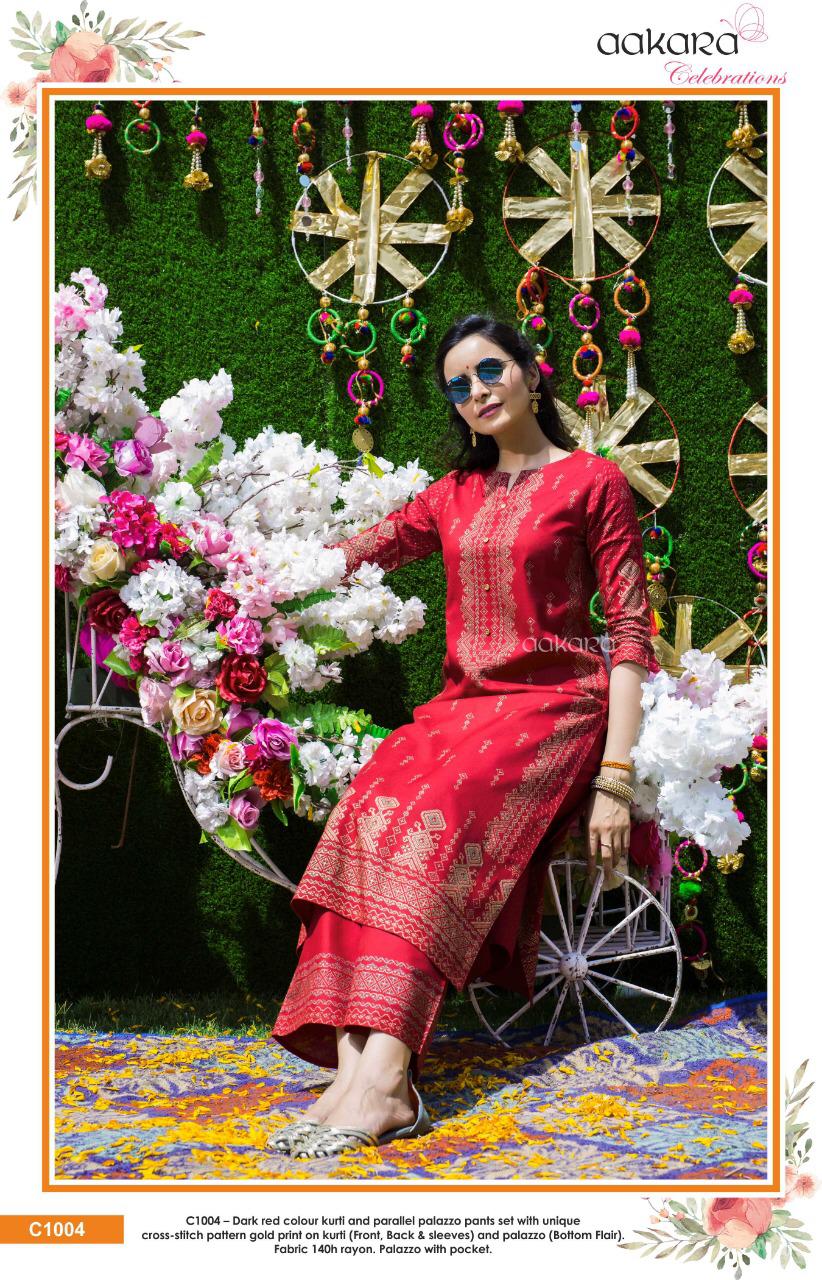 Aakra Celebration By Aakra C1001 To C1006 Series Beautiful Colorful Stylish Fancy Casual Wear & Ethnic Wear & Ready To Wear Rayon Print And Parallel Palazzo Set Kurtis & Palazzo At Wholesale Price