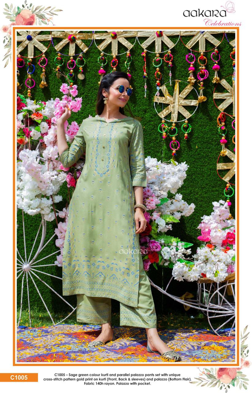 Aakra Celebration By Aakra C1001 To C1006 Series Beautiful Colorful Stylish Fancy Casual Wear & Ethnic Wear & Ready To Wear Rayon Print And Parallel Palazzo Set Kurtis & Palazzo At Wholesale Price