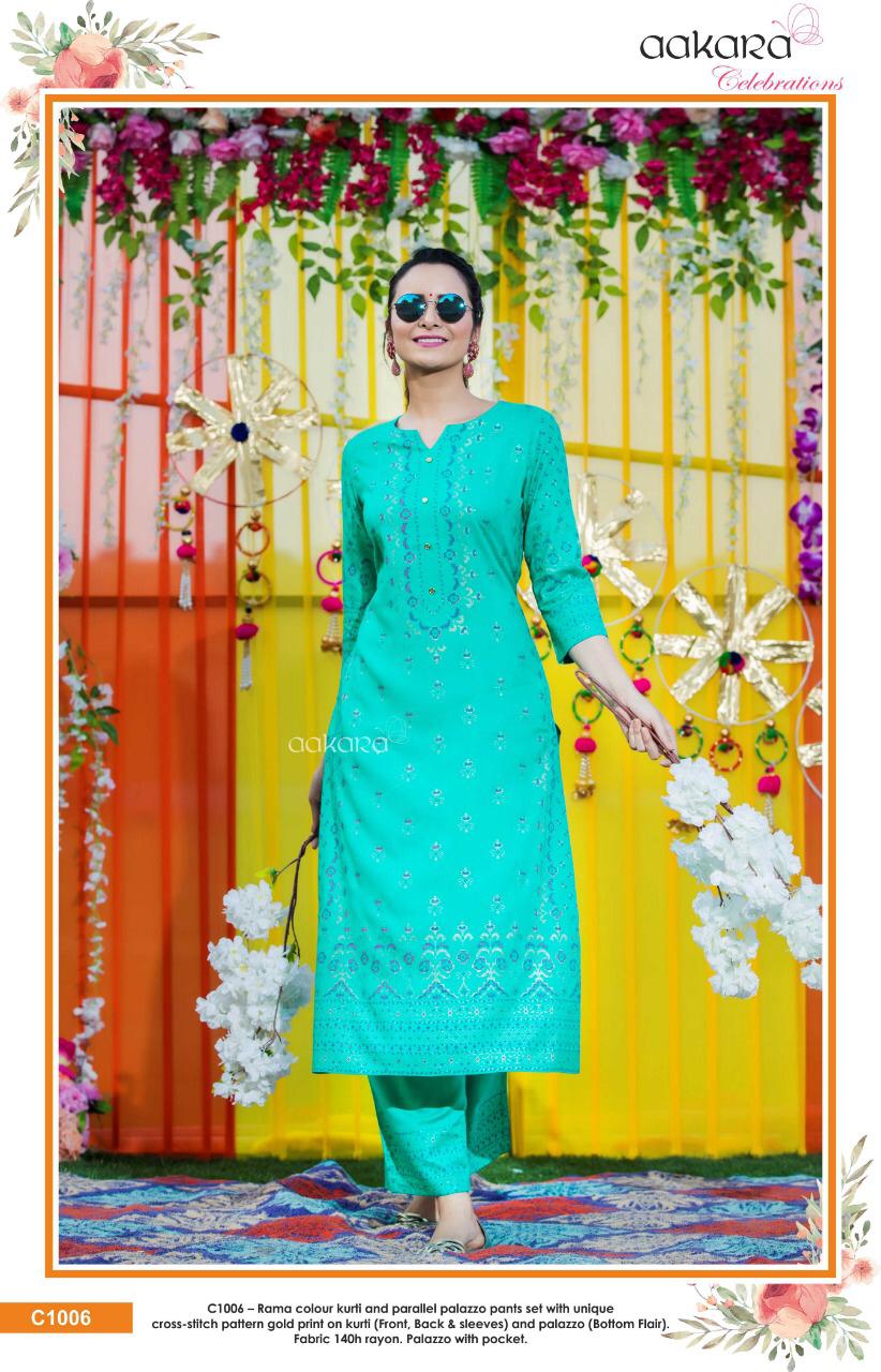Aakra Celebration By Aakra C1001 To C1006 Series Beautiful Colorful Stylish Fancy Casual Wear & Ethnic Wear & Ready To Wear Rayon Print And Parallel Palazzo Set Kurtis & Palazzo At Wholesale Price