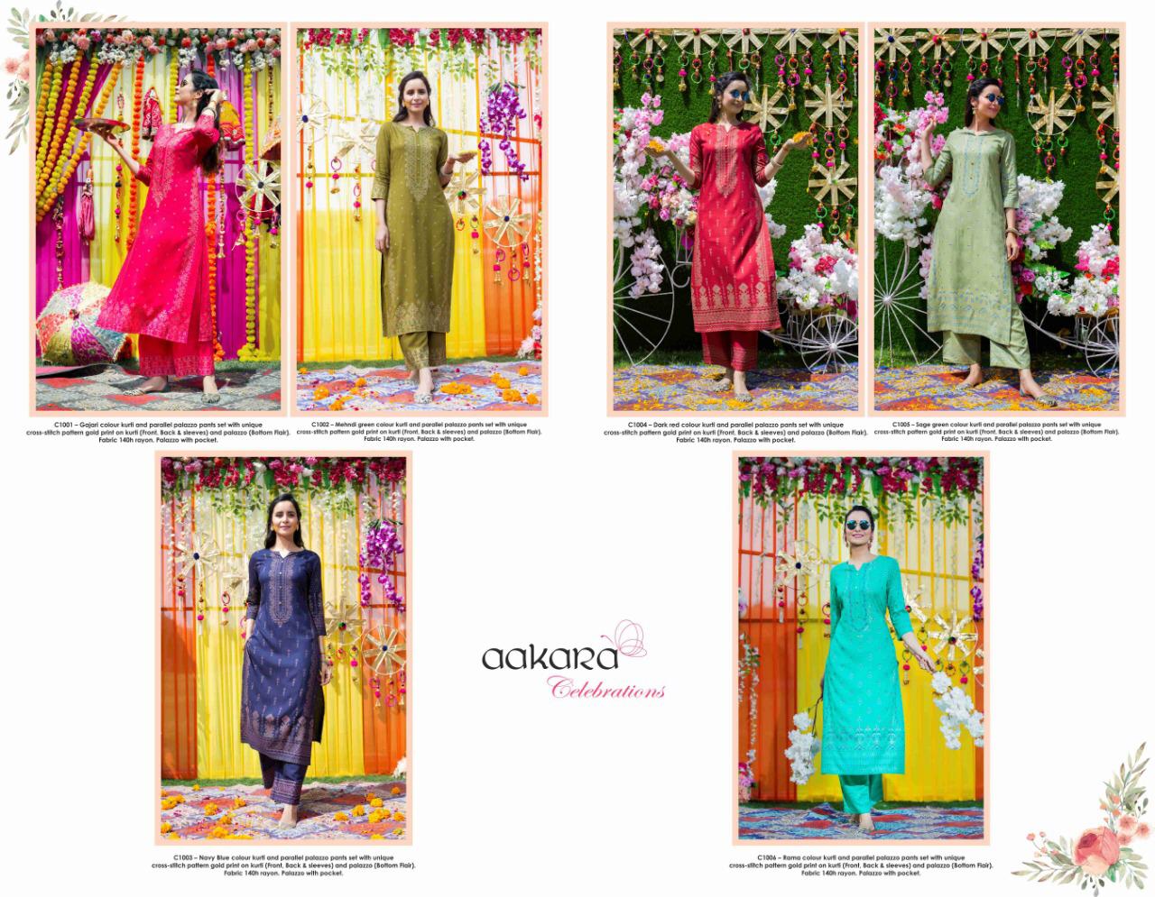 Aakra Celebration By Aakra C1001 To C1006 Series Beautiful Colorful Stylish Fancy Casual Wear & Ethnic Wear & Ready To Wear Rayon Print And Parallel Palazzo Set Kurtis & Palazzo At Wholesale Price