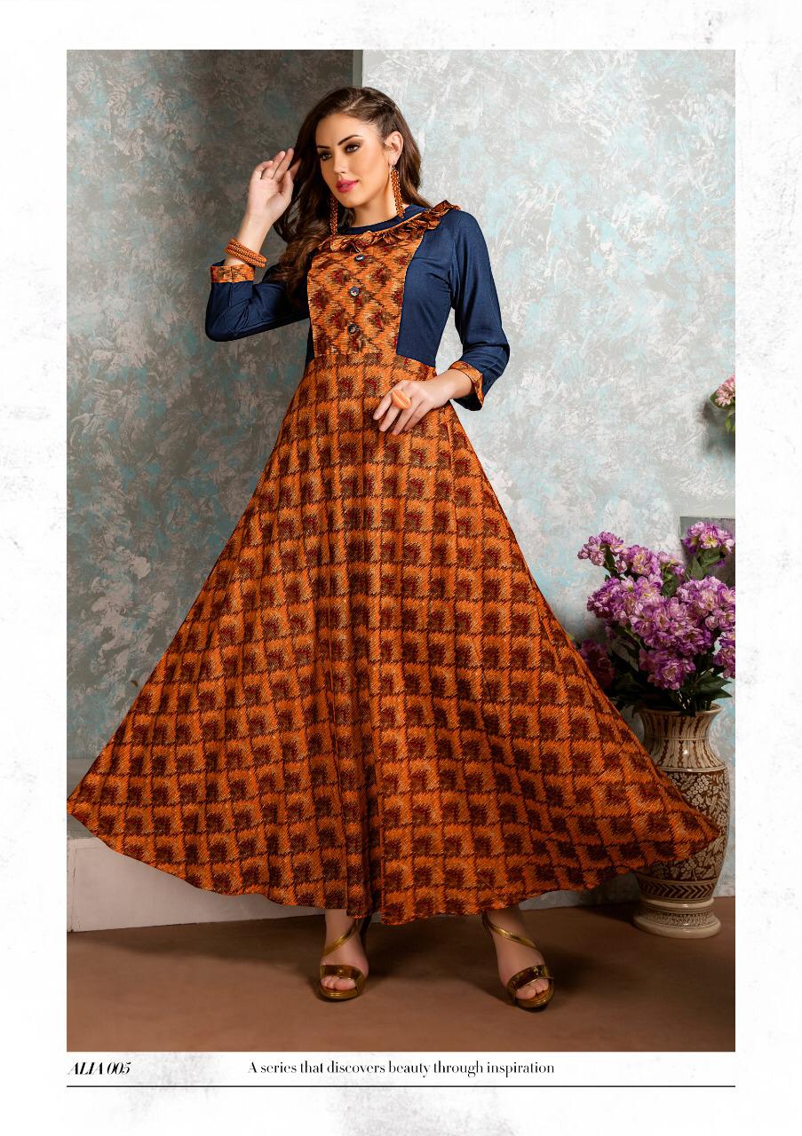 Aalia By Femi9 Trends 001 To 010 Series Beautiful Colorful Stylish Fancy Casual Wear & Ethnic Wear & Ready To Wear Heavy Rayon Printed & Embroidered Kurtis At Wholesale Price