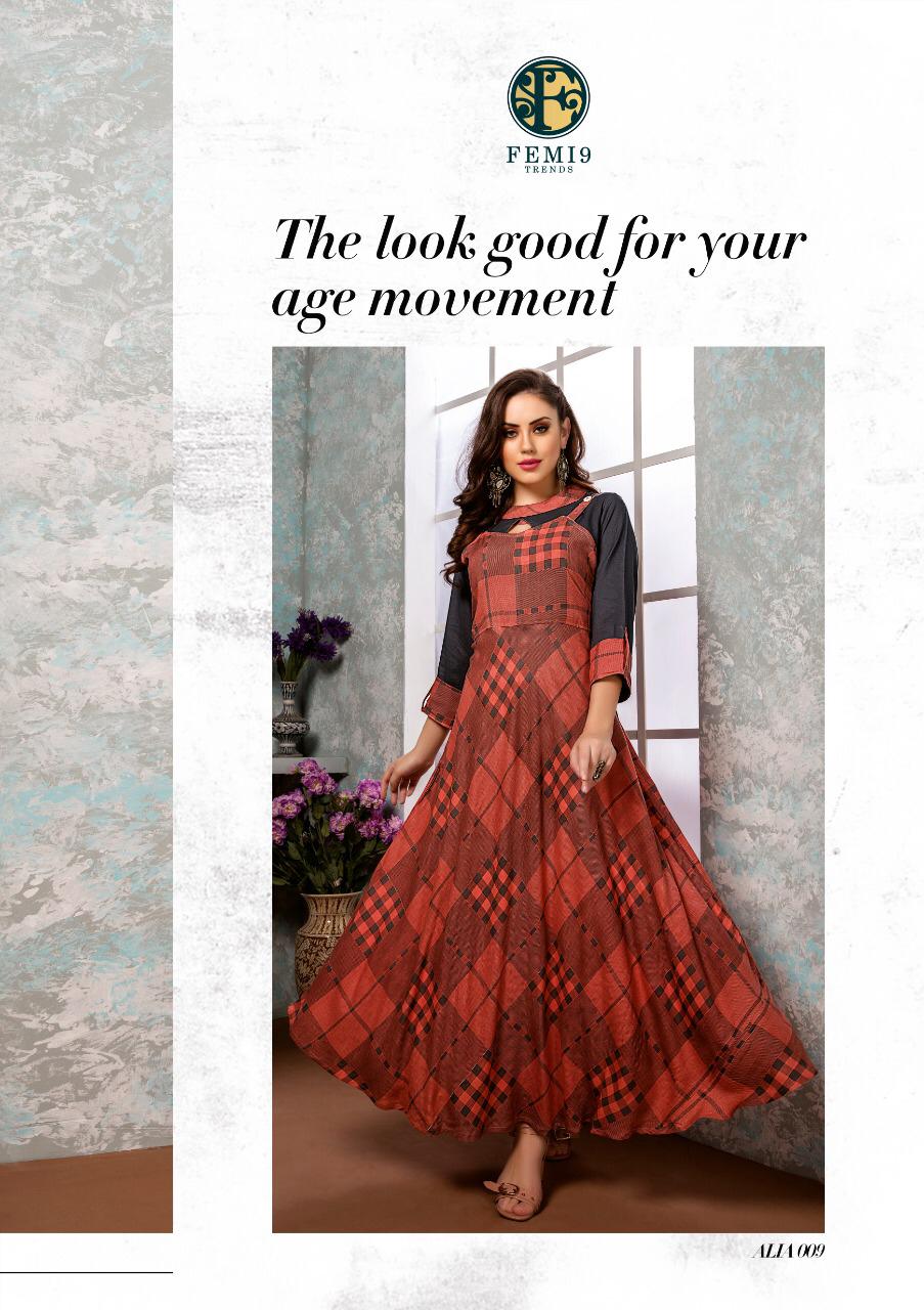Aalia By Femi9 Trends 001 To 010 Series Beautiful Colorful Stylish Fancy Casual Wear & Ethnic Wear & Ready To Wear Heavy Rayon Printed & Embroidered Kurtis At Wholesale Price