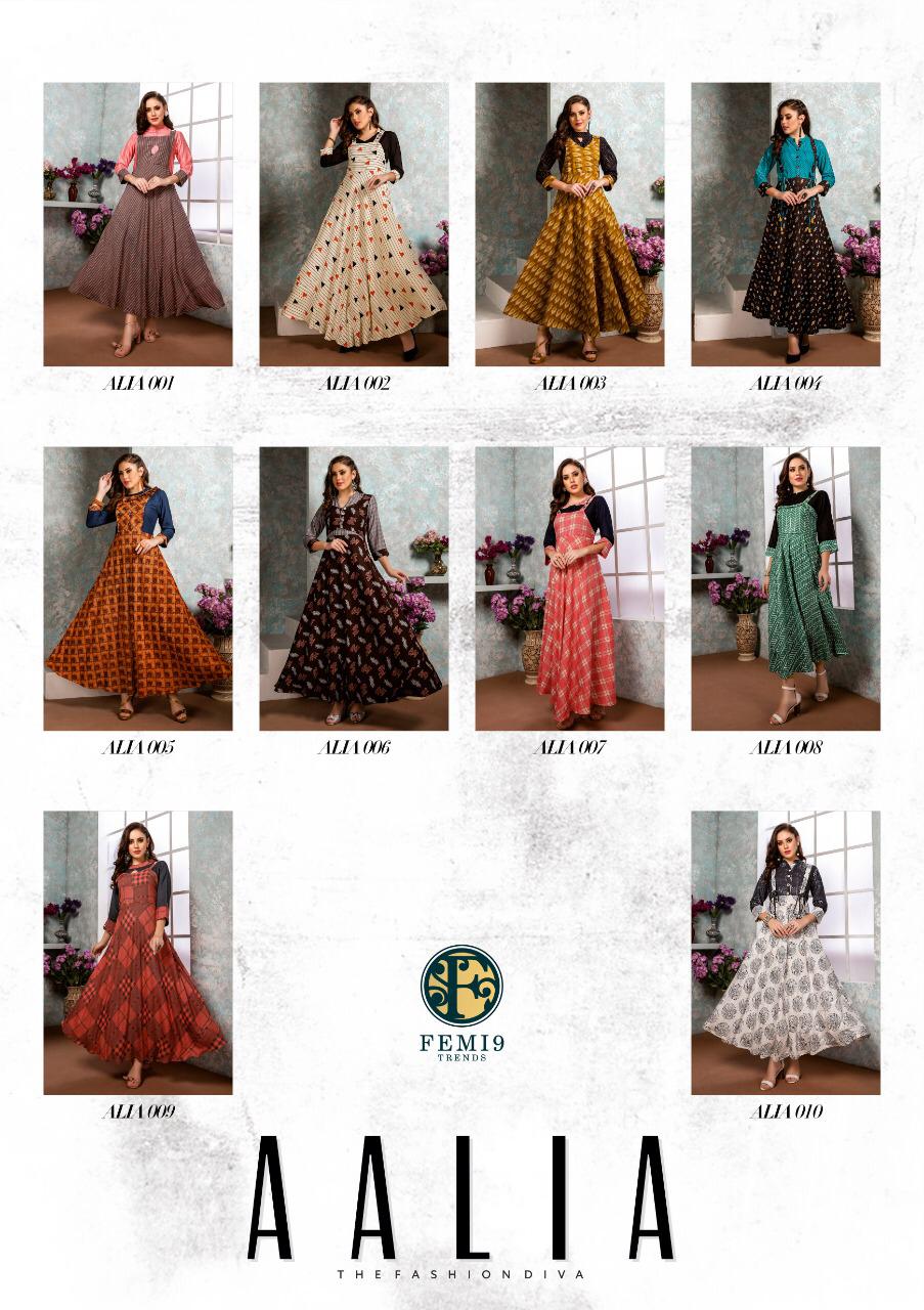 Aalia By Femi9 Trends 001 To 010 Series Beautiful Colorful Stylish Fancy Casual Wear & Ethnic Wear & Ready To Wear Heavy Rayon Printed & Embroidered Kurtis At Wholesale Price