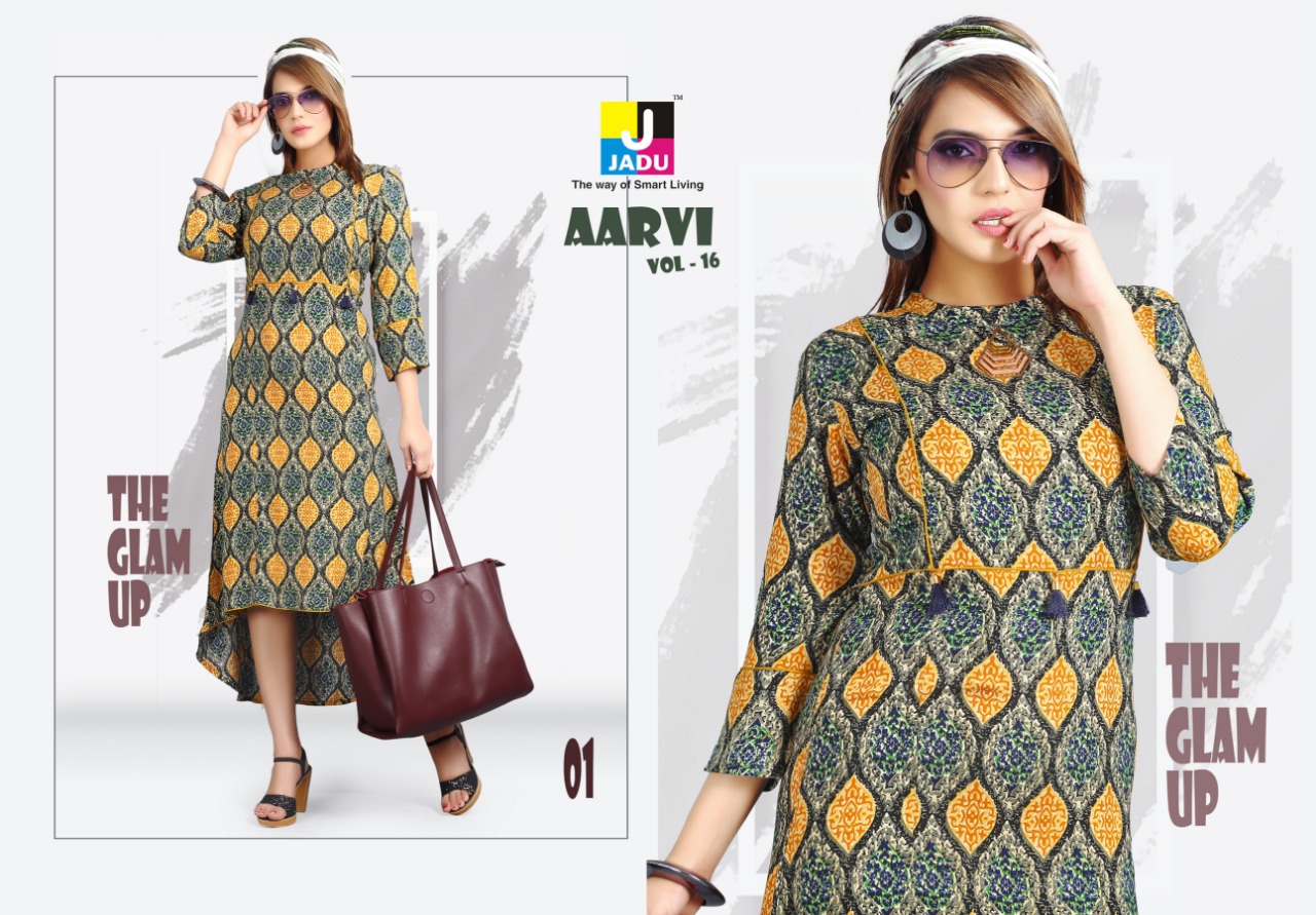 Aarvi Vol-16 By Jadu 01 To 10 Series 01 To 10 Series Beautiful Stylish Colorful Fancy Party Wear & Ethnic Wear & Ready To Wear Rayon Printed Kurtis At Wholesale Price