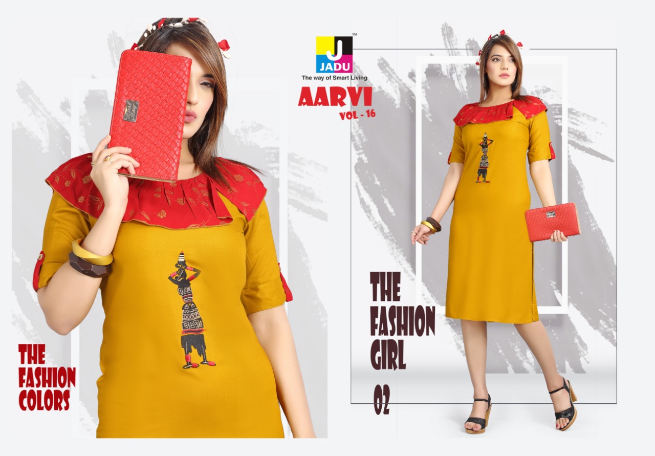 Aarvi Vol-16 By Jadu 01 To 10 Series 01 To 10 Series Beautiful Stylish Colorful Fancy Party Wear & Ethnic Wear & Ready To Wear Rayon Printed Kurtis At Wholesale Price