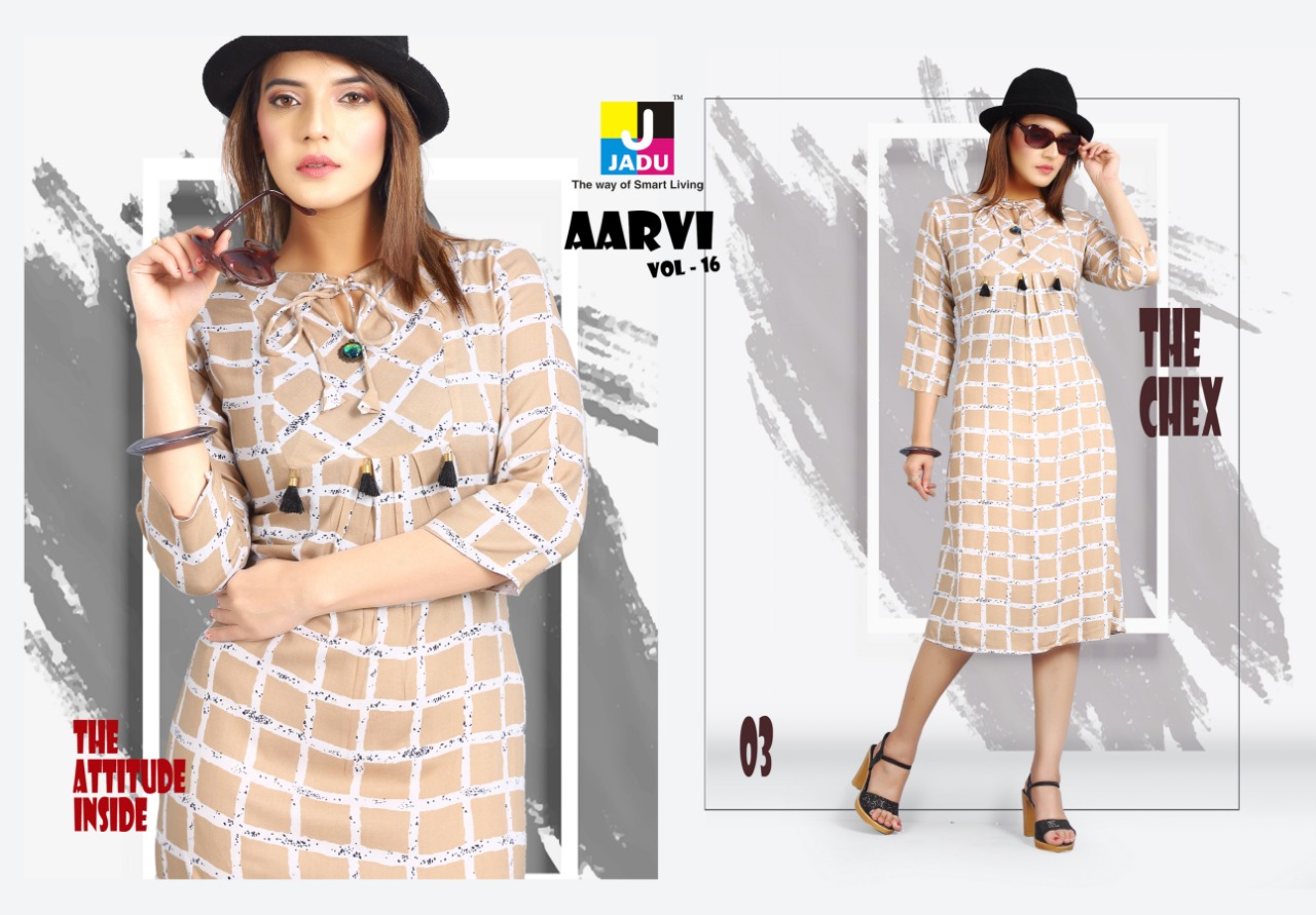 Aarvi Vol-16 By Jadu 01 To 10 Series 01 To 10 Series Beautiful Stylish Colorful Fancy Party Wear & Ethnic Wear & Ready To Wear Rayon Printed Kurtis At Wholesale Price