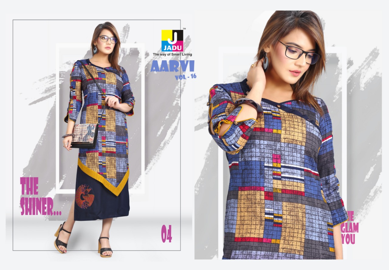 Aarvi Vol-16 By Jadu 01 To 10 Series 01 To 10 Series Beautiful Stylish Colorful Fancy Party Wear & Ethnic Wear & Ready To Wear Rayon Printed Kurtis At Wholesale Price
