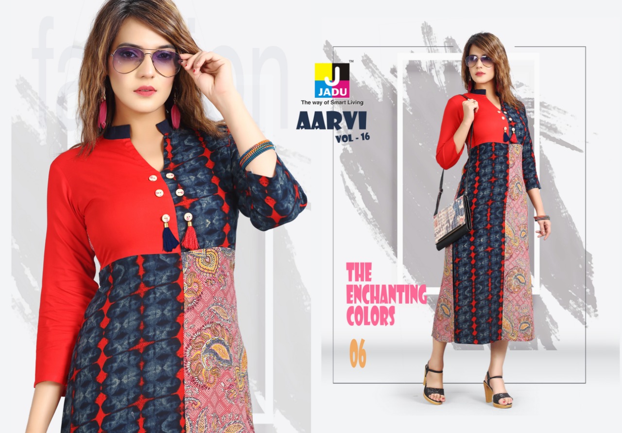 Aarvi Vol-16 By Jadu 01 To 10 Series 01 To 10 Series Beautiful Stylish Colorful Fancy Party Wear & Ethnic Wear & Ready To Wear Rayon Printed Kurtis At Wholesale Price