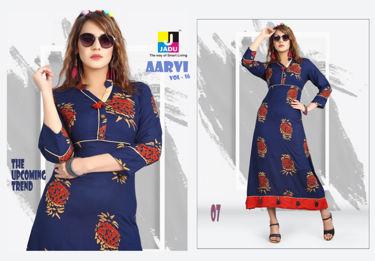 Aarvi Vol-16 By Jadu 01 To 10 Series 01 To 10 Series Beautiful Stylish Colorful Fancy Party Wear & Ethnic Wear & Ready To Wear Rayon Printed Kurtis At Wholesale Price