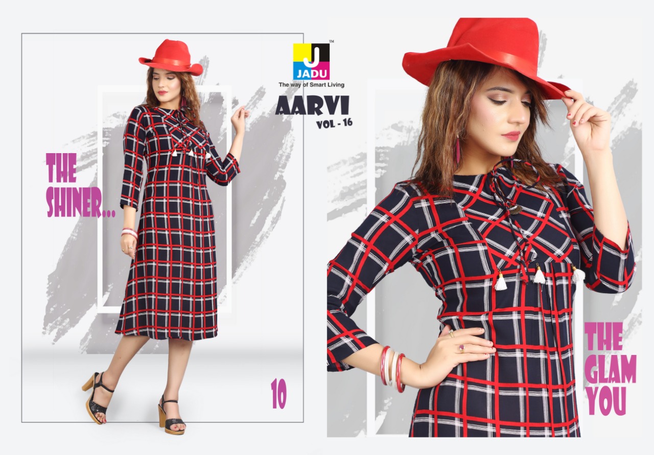 Aarvi Vol-16 By Jadu 01 To 10 Series 01 To 10 Series Beautiful Stylish Colorful Fancy Party Wear & Ethnic Wear & Ready To Wear Rayon Printed Kurtis At Wholesale Price
