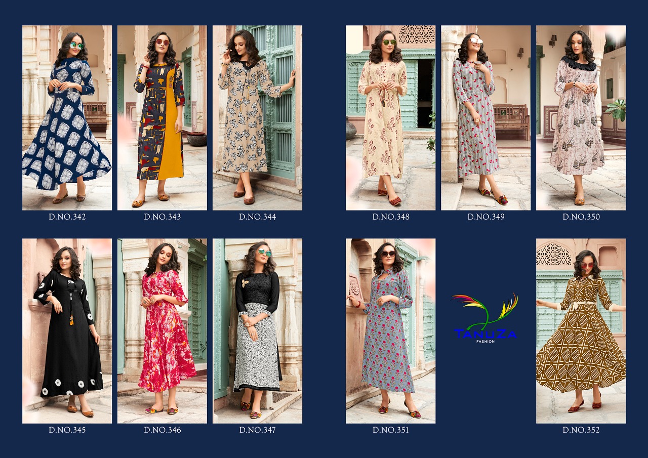 Aarvi By Tanuza Fashion 342 To 352 Series Beautiful Colorful Stylish Fancy Casual Wear & Ethnic Wear & Ready To Wear Heavy Rayon Printed Kurtis At Wholesale Price