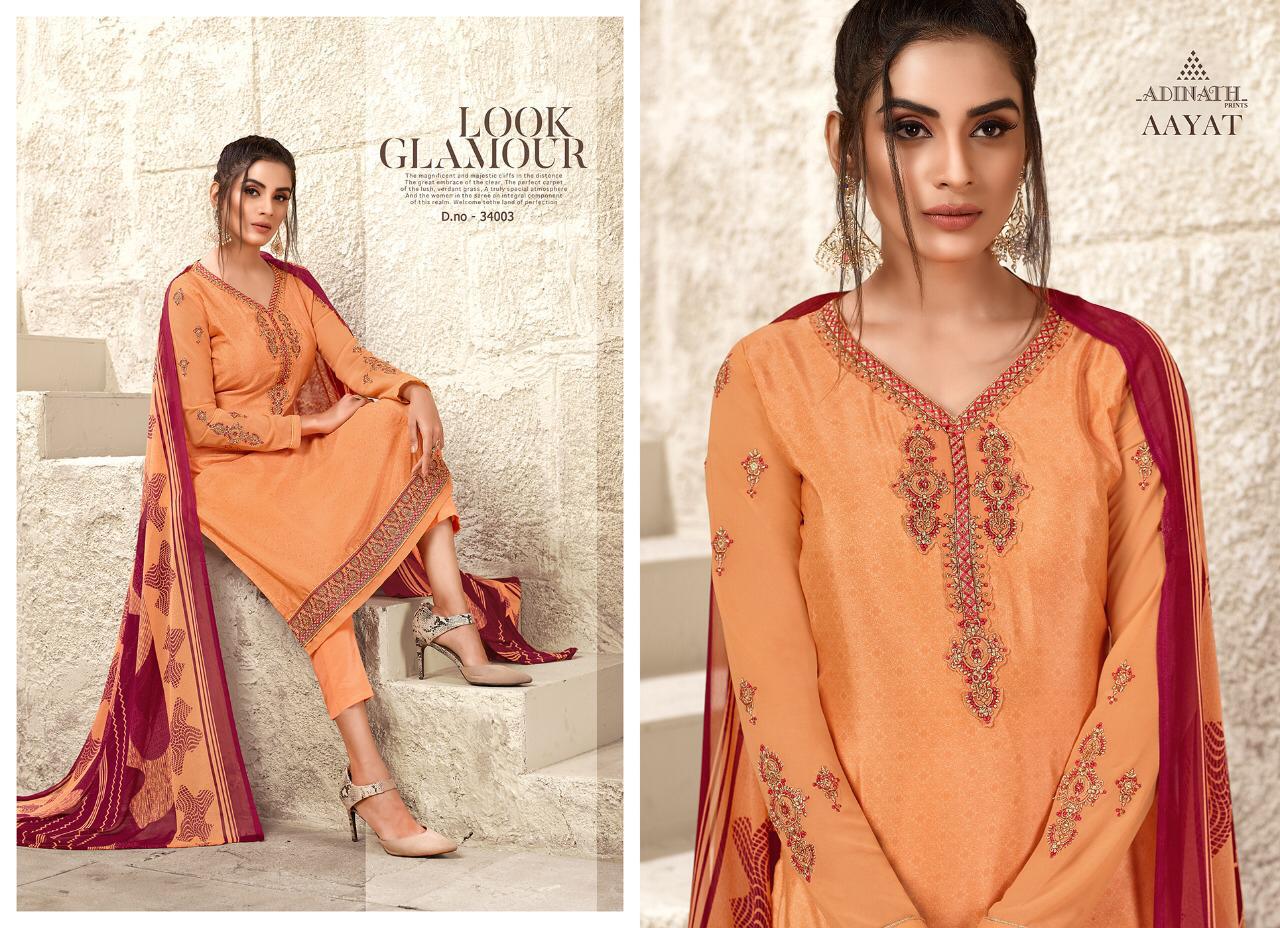 Aayat By Adinath Prints 34001 To 34008 Series Beautiful Suits Colorful Stylish Fancy Colorful Casual Wear & Ethnic Wear Pure Heavy Crape Print With Embroidery Dresses At Wholesale Price