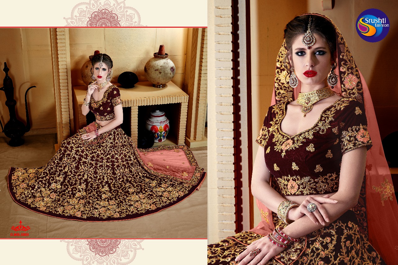 Aayesha By Srushti Fashion 1001 To 1006 Series Designer Wedding Wear Collection Beautiful Stylish Fancy Colorful Party Wear & Occasional Wear Velvet Embroidered Lehengas At Wholesale Price