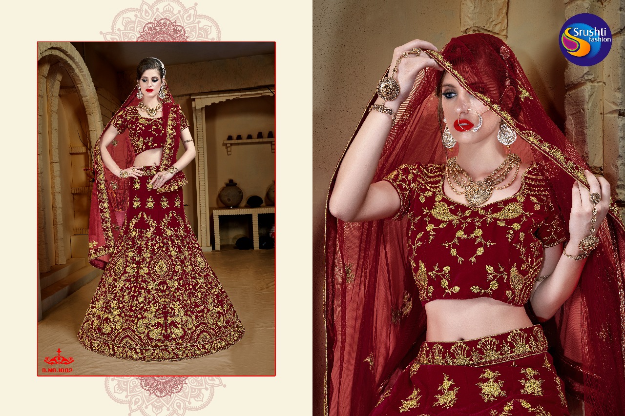 Aayesha By Srushti Fashion 1001 To 1006 Series Designer Wedding Wear Collection Beautiful Stylish Fancy Colorful Party Wear & Occasional Wear Velvet Embroidered Lehengas At Wholesale Price