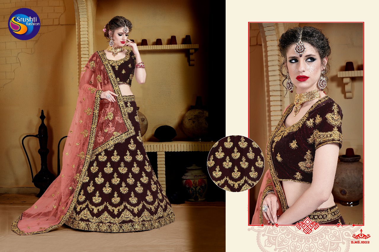 Aayesha By Srushti Fashion 1001 To 1006 Series Designer Wedding Wear Collection Beautiful Stylish Fancy Colorful Party Wear & Occasional Wear Velvet Embroidered Lehengas At Wholesale Price