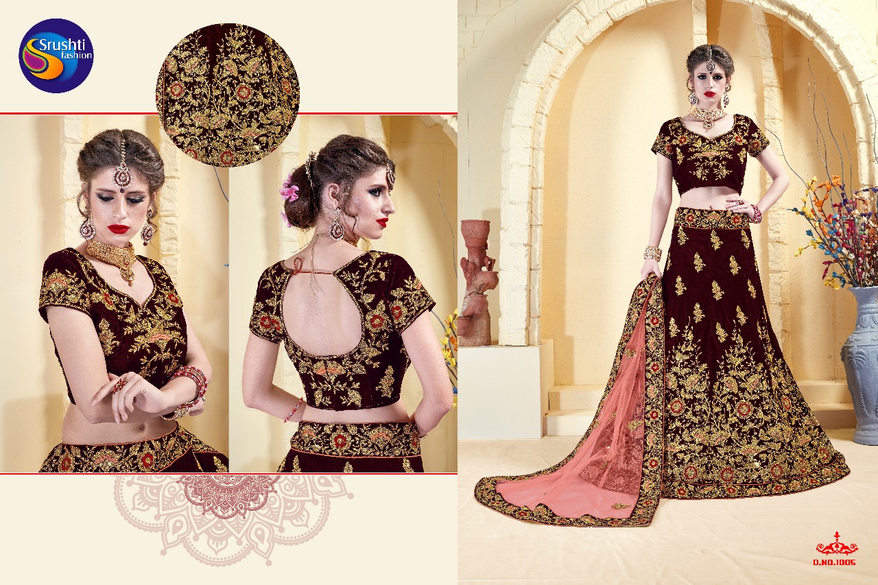 Aayesha By Srushti Fashion 1001 To 1006 Series Designer Wedding Wear Collection Beautiful Stylish Fancy Colorful Party Wear & Occasional Wear Velvet Embroidered Lehengas At Wholesale Price
