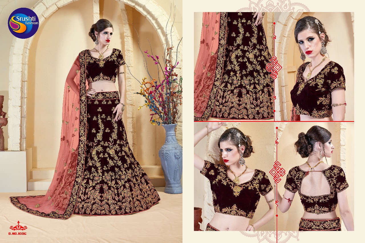 Aayesha By Srushti Fashion 1001 To 1006 Series Designer Wedding Wear Collection Beautiful Stylish Fancy Colorful Party Wear & Occasional Wear Velvet Embroidered Lehengas At Wholesale Price