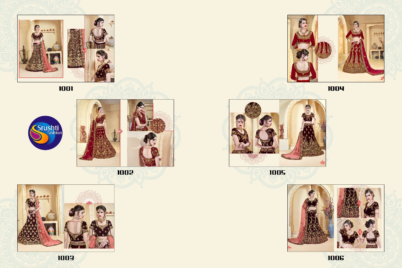 Aayesha By Srushti Fashion 1001 To 1006 Series Designer Wedding Wear Collection Beautiful Stylish Fancy Colorful Party Wear & Occasional Wear Velvet Embroidered Lehengas At Wholesale Price