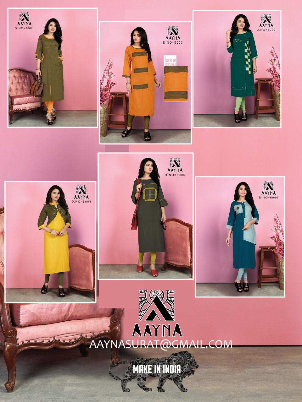 Aayna Vol-6 By Aayna 6001 To 6006 Series Beautiful Colorful Stylish Fancy Casual Wear & Ethnic Wear & Ready To Wear Rayon Kurtis At Wholesale Price