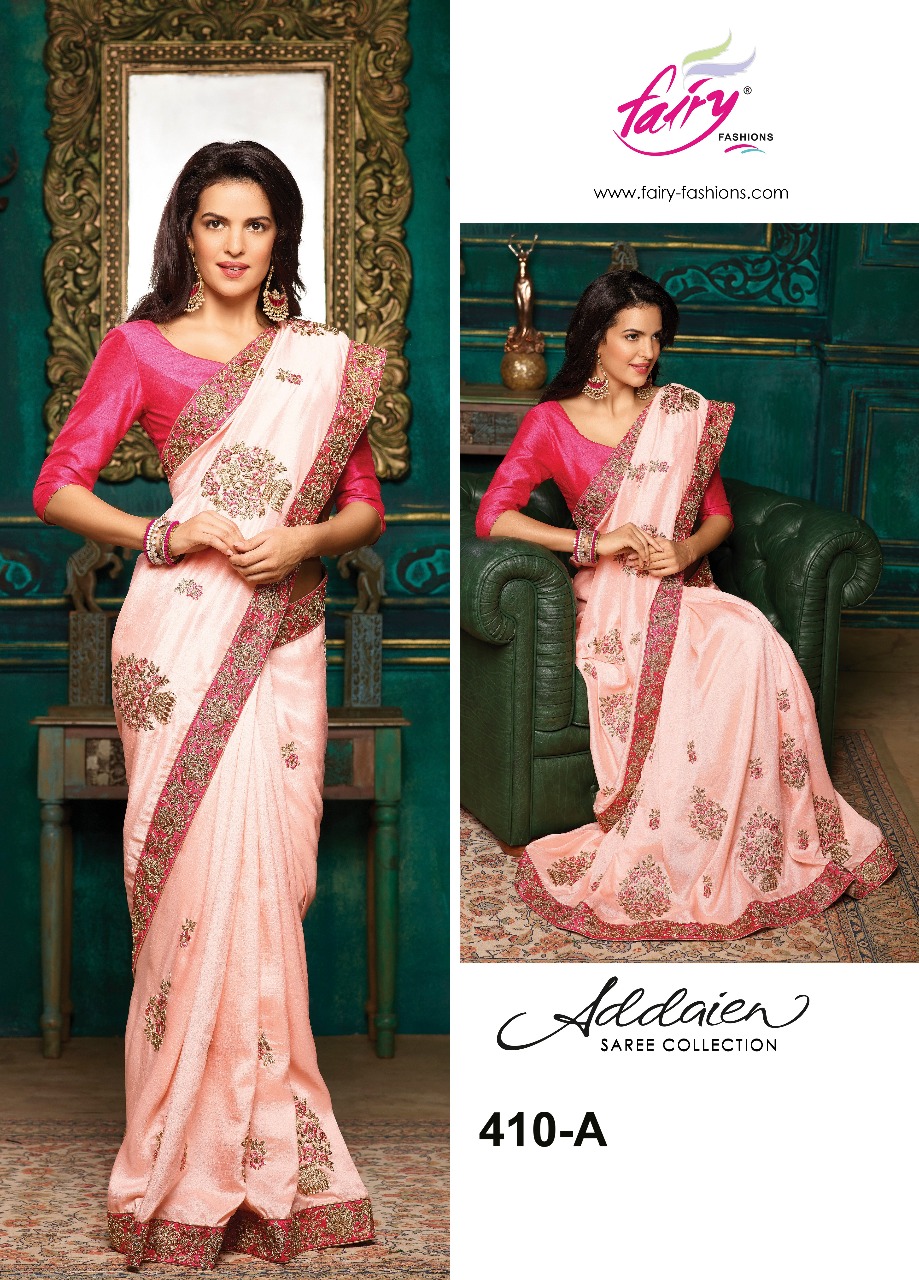 Addaien 410 Colors By Fairy Fashion 410-a To 410-e Series Designer Wedding Collection Beautiful Traditional Wear Colorful Stylish Fancy Party Wear & Occasional Wear Charmeuse Silk Embroidered Sarees At Wholesale Price