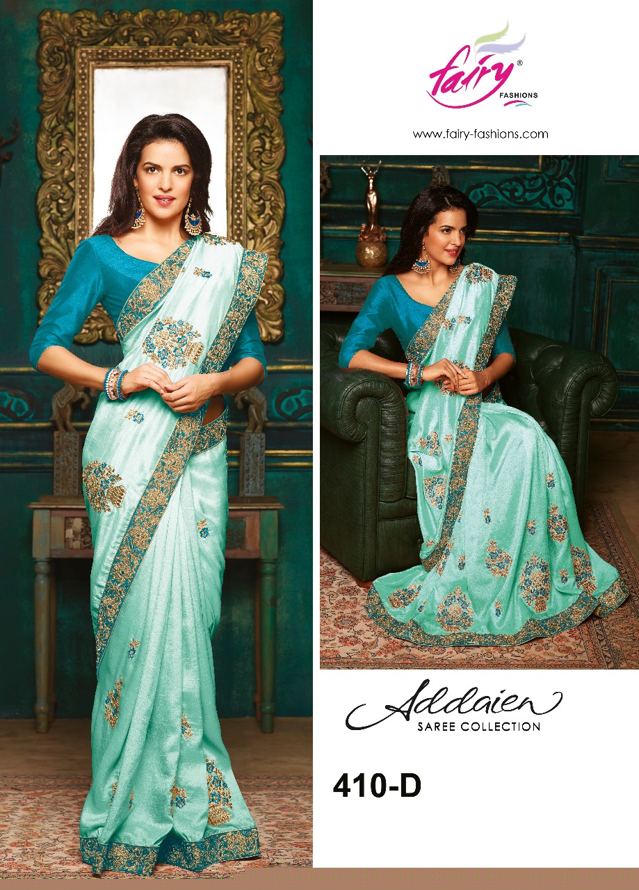 Addaien 410 Colors By Fairy Fashion 410-a To 410-e Series Designer Wedding Collection Beautiful Traditional Wear Colorful Stylish Fancy Party Wear & Occasional Wear Charmeuse Silk Embroidered Sarees At Wholesale Price