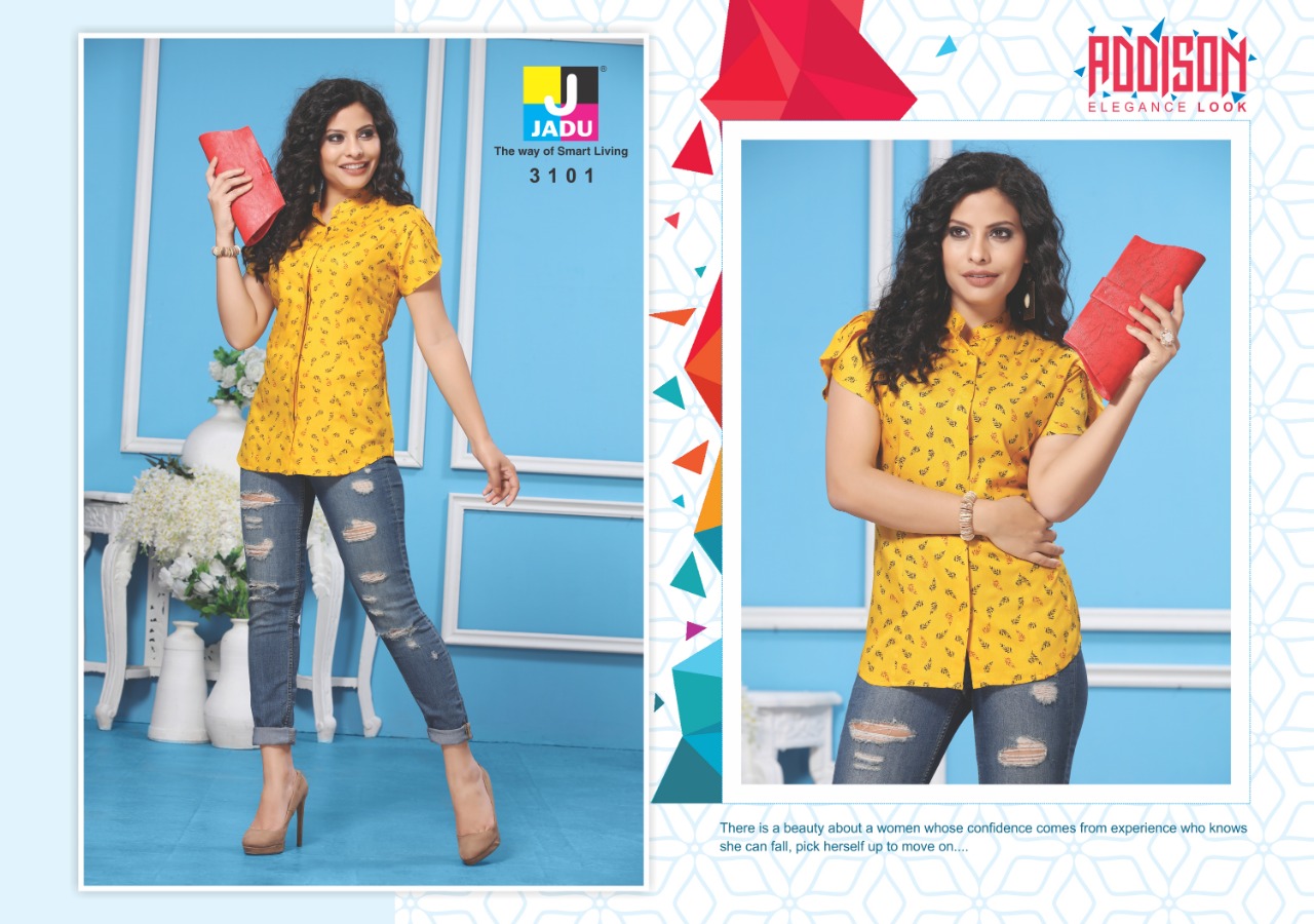 Addison By Jadu 3101 To 3106 Series Beautiful Colorful Stylish Fancy Casual Wear & Ethnic Wear & Ready To Wear Exports Quality Rayon Tops At Wholesale Price